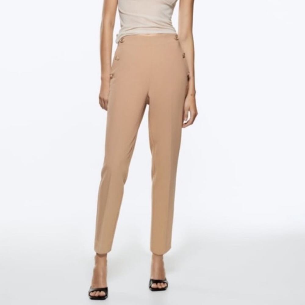 ZARA High Waist Straight Leg Pants Trousers Gold Buttons Tan Size M